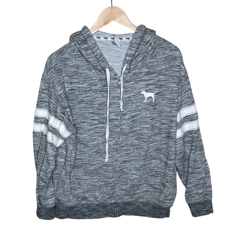 Pink Victoria's Secret Full Zip Varsity Stripe Dog Logo Hoodie size Small Grey
